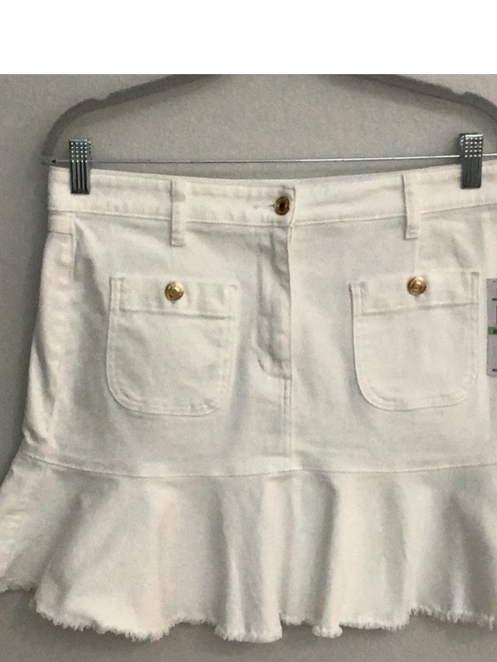 Michael Kors White  Denim Ruffle Hem Mini Skirt with Golld Buttons